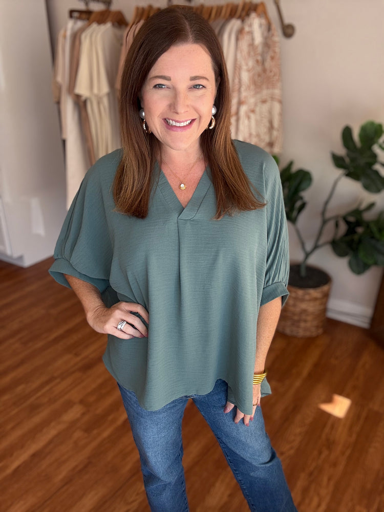 Everyday Dolman V-neck Top in Olive