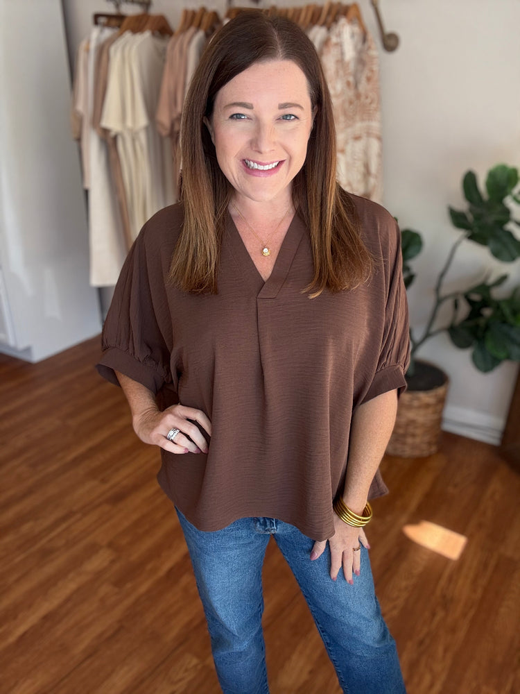 Everyday Dolman V-neck Top in Brown