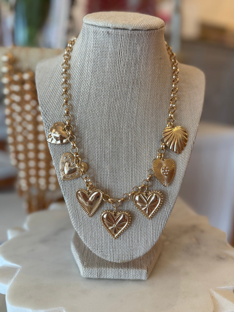 Multi Textured Heart Charm Necklace